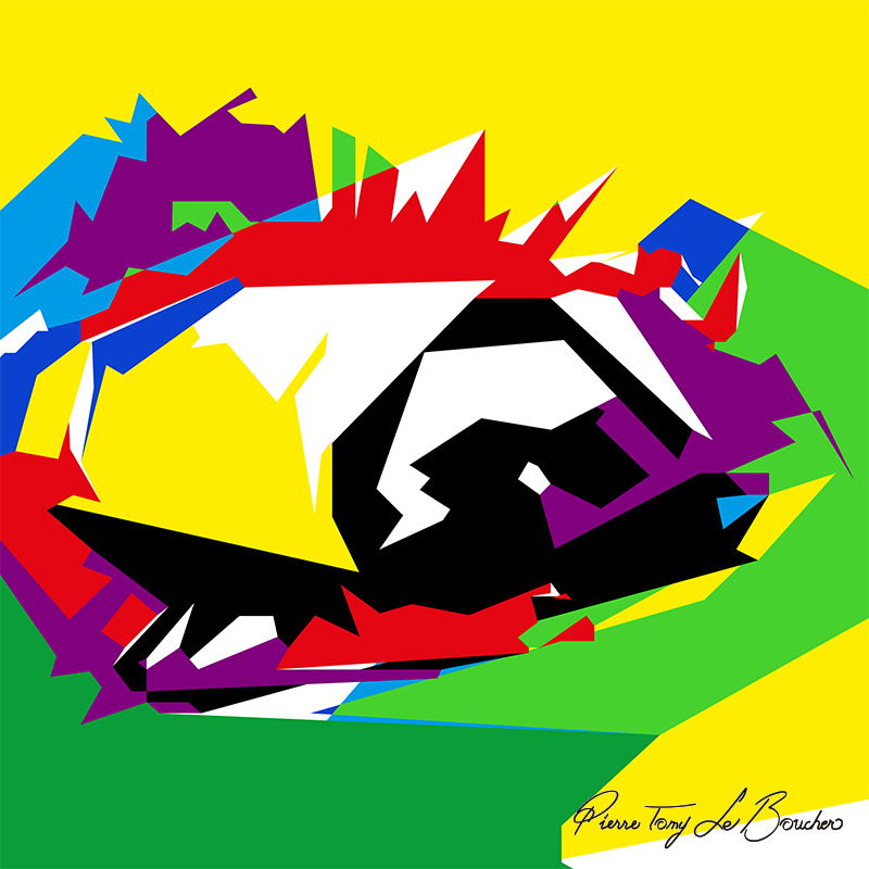 Composition géométrique issue du regard d’Hécate, structurée autour d’un noyau noir et blanc entouré de jaune, vert, rouge, violet et bleu.