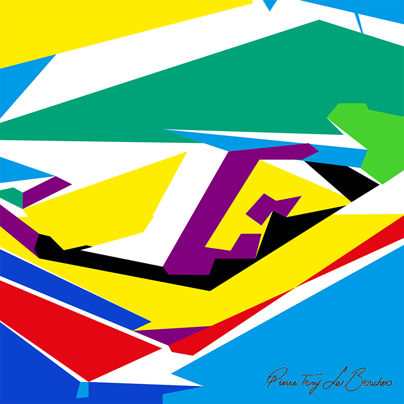 Composition géométrique issue du regard d’Hélianthe, dominée par de grandes surfaces vertes, jaunes, violettes, noires, bleues, rouges et blanches.