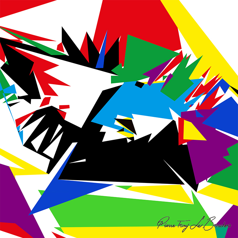 Composition géométrique issue du regard d’Héra, constituée de formes noires, rouges, vertes, bleues, violettes, jaunes et blanches disposées dans une organisation très dynamique.