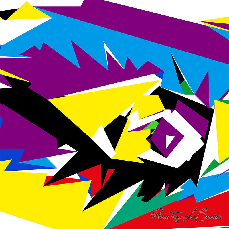 Composition géométrique issue du regard d’Héraime, constituée de grandes formes violettes, bleu cyan, jaunes, noires, blanches, rouges et vertes.