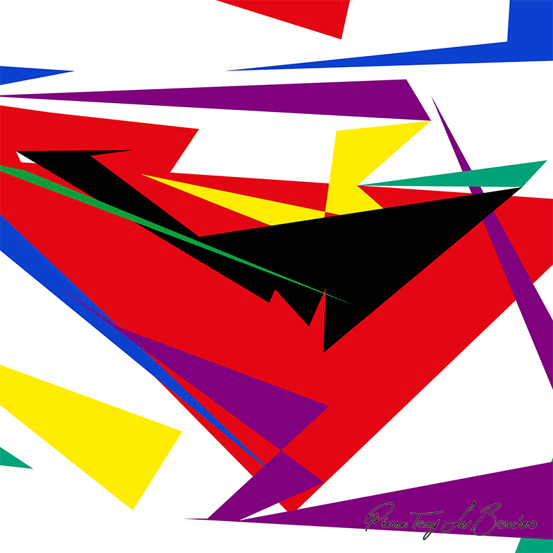 Composition géométrique issue du regard d’Hestia, dominée par de grandes formes rouges, noires, violettes, jaunes, bleues, vertes et blanches.