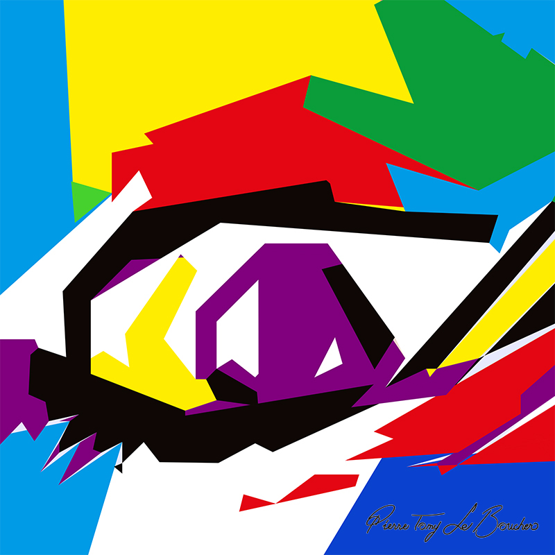 Composition géométrique issue du regard d’Ilithye, structurée autour de formes noires, violettes, jaunes, rouges, vertes, bleu cyan et blanches.