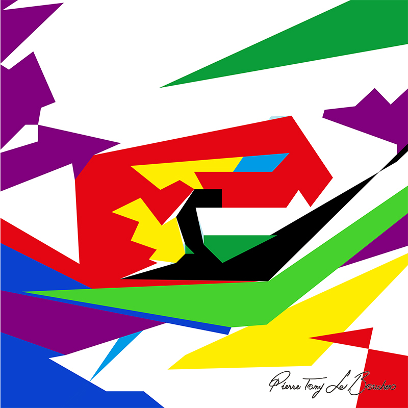 Composition géométrique issue du regard d’Isaac, constituée de grandes formes rouges, vertes, jaunes, noires, violettes, bleues et blanches.