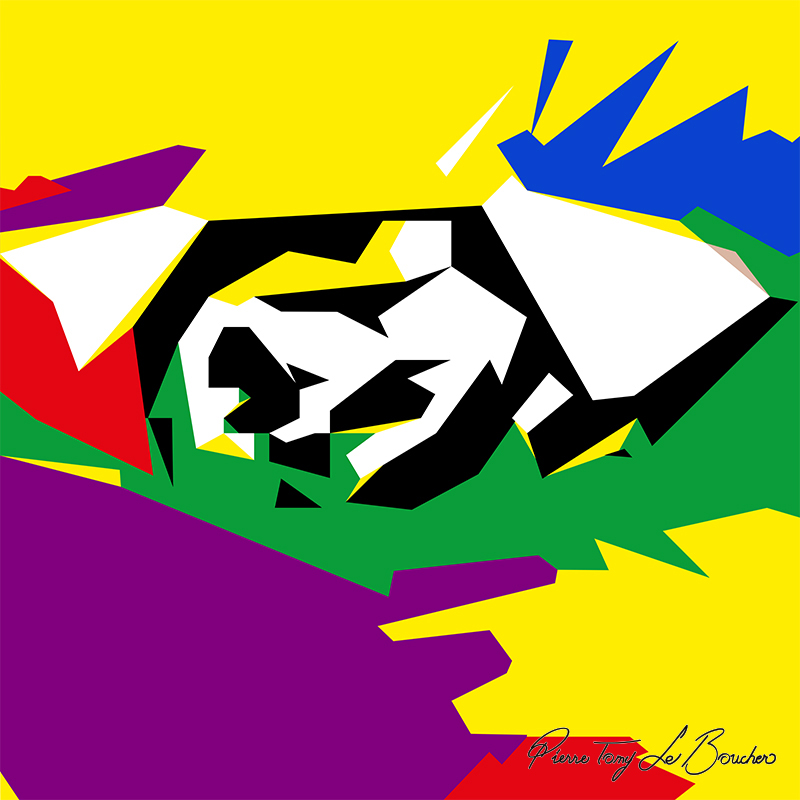 Composition géométrique issue du regard de Jeanne, structurée autour d’un noyau noir et blanc entouré de grandes surfaces jaunes, vertes, violettes, bleues et rouges.