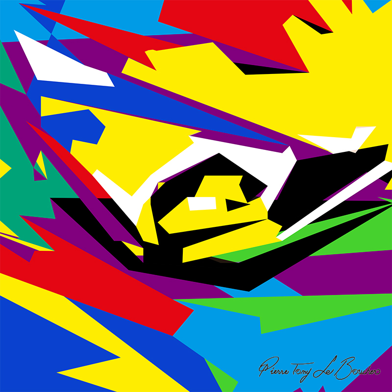 Composition géométrique issue du regard de John, structurée autour d’un noyau noir et jaune entouré de formes bleues, rouges, violettes, vertes et blanches.
