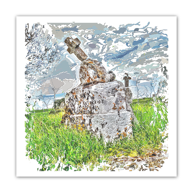 Ancienne tombe surmontée d’une croix au milieu des herbes, recomposée en fragments de pierre, de ciel bleu et de végétation verte, œuvre Comma de Pierre Tomy Le Boucher.