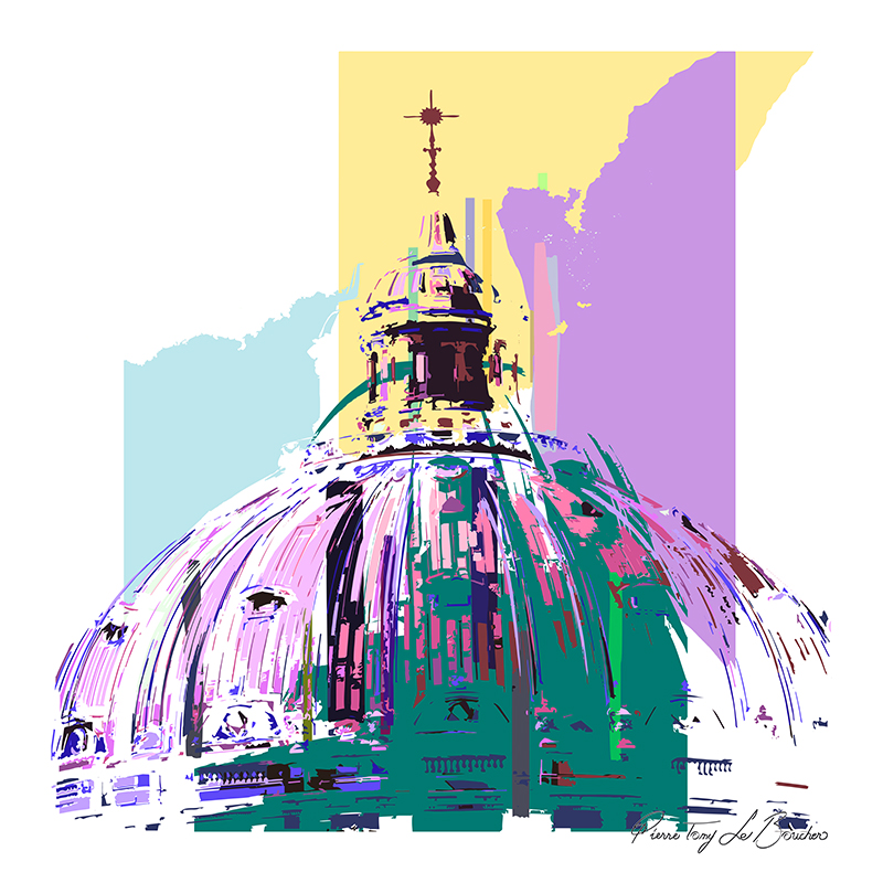 Coupole de l’Église de Marbre de Copenhague transformée en composition graphique verte, rose, violette et pastel, œuvre de la série Architexture.