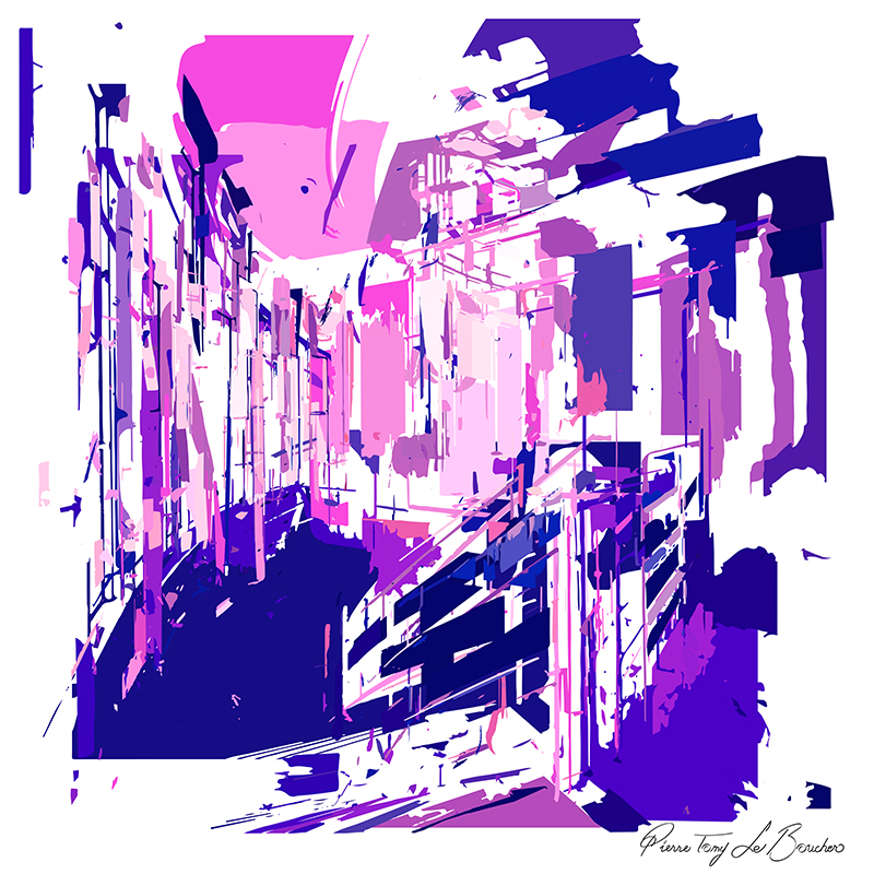 Crypta Balbi à Rome transformée en composition graphique abstraite rose, violette, bleue et blanche, œuvre de la série Architexture.