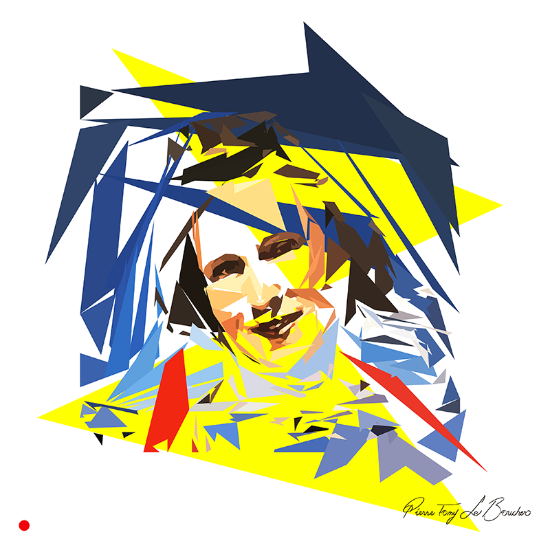 Réinterprétation du Portrait de Gala avec symptômes rhinocérontiques de Salvador Dalí, visage féminin fragmenté en aplats géométriques bleus, jaunes, noirs, blancs et rouges, œuvre de Pierre Tomy Le Boucher.