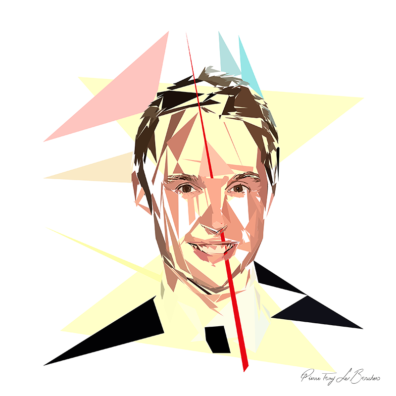 Portrait de Damien Thévenot construit en facettes colorées sur fond blanc, entouré de formes géométriques jaunes, roses, turquoise, brunes et noires.