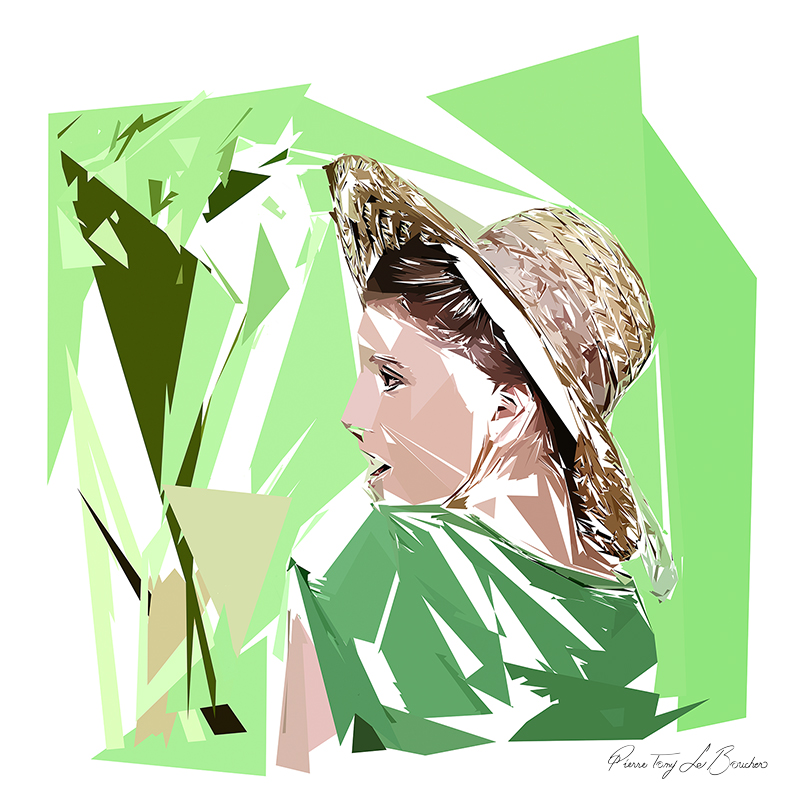 Portrait de Danaé de profil, coiffée d’un chapeau, composée de formes polygonales vertes, beiges, brunes et blanches.