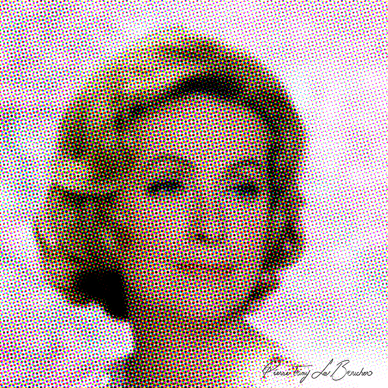 Portrait de Danielle Darrieux traité par dilution optique, composé d’une trame très visible de points cyan, magenta, jaunes et noirs.
