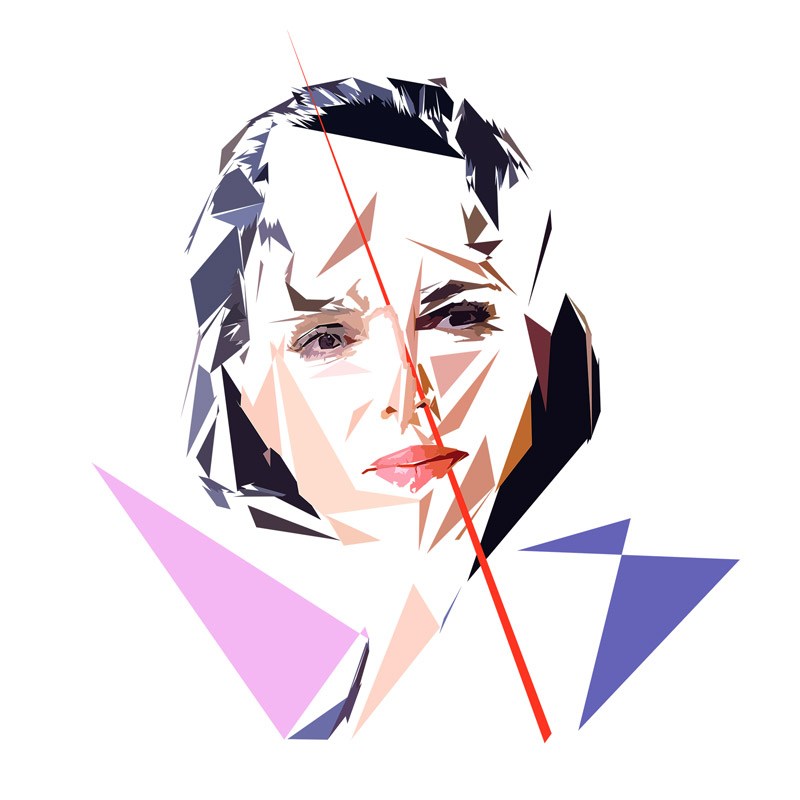 Portrait numérique de Rachida Dati composé de formes polygonales, d’aplats noirs, violets, roses et blancs, traversé par une longue forme rouge.
