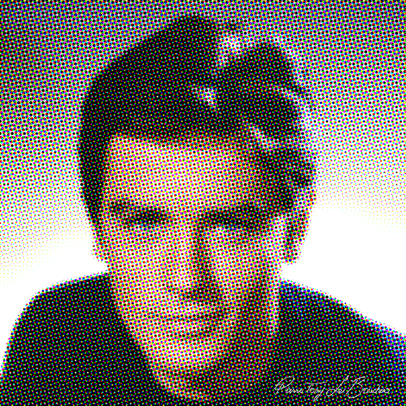 Portrait d’Alain Delon traité par dilution optique, composé d’une trame très visible de points cyan, magenta, jaunes et noirs.