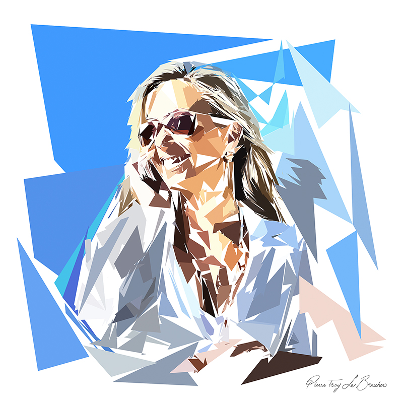 Portrait de Déméter, femme blonde portant des lunettes de soleil, composée de formes polygonales bleues, grises, beiges et blanches.