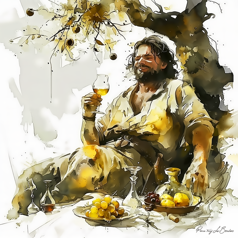 Dionysos – divinité grecque personnifiée du vin et de l’ivresse, représenté avec coupe, fruits et vigne dans une peinture mythologique évoquant plaisir et abondance.