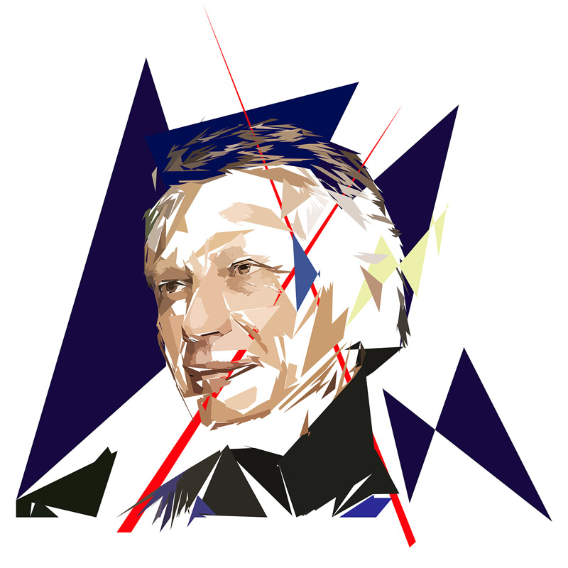 Portrait numérique de Dominique de Villepin composé de formes polygonales, de grands aplats bleu nuit, noirs, beige et blancs, traversé par plusieurs lignes rouges.