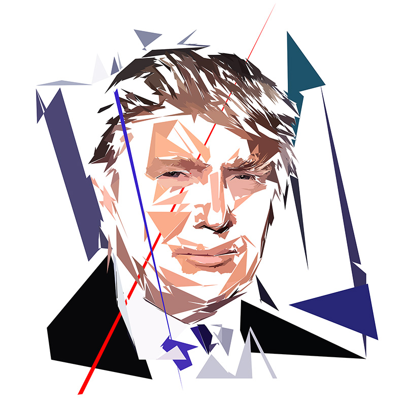 Portrait numérique de Donald Trump composé de formes polygonales, d’aplats beige, bruns, noirs et bleu-violet, traversé par plusieurs lignes rouges et bleues.
