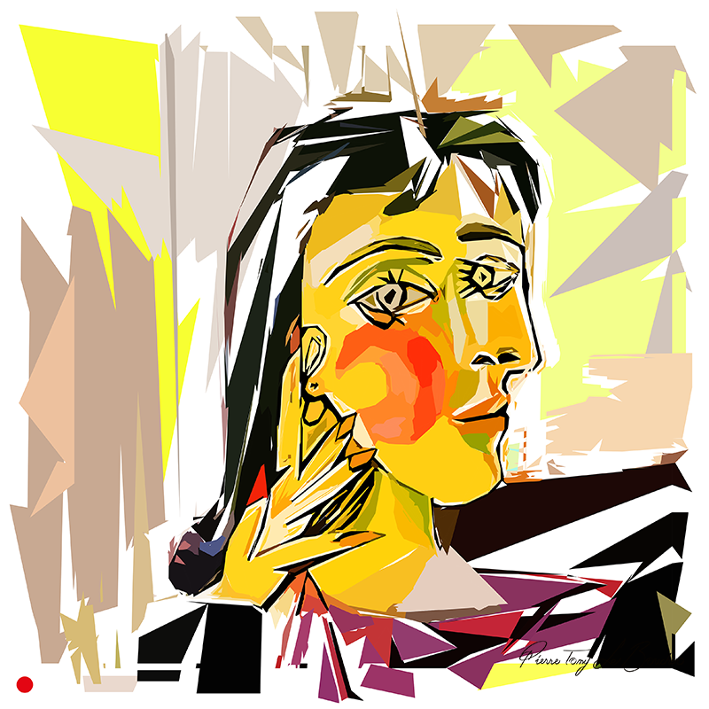 Réinterprétation du Portrait de Dora Maar de Pablo Picasso, visage féminin fragmenté en aplats géométriques jaunes, orangés, noirs, blancs, beiges et pourpres, œuvre de Pierre Tomy Le Boucher.