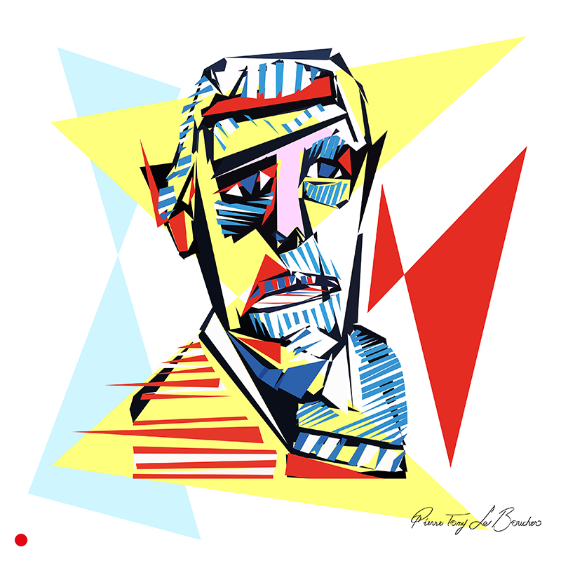 Réinterprétation d’Autoportrait II de Jean Dubuffet de 1966, visage masculin frontal construit en fragments géométriques jaunes, rouges, bleus, noirs et blancs avec de nombreuses zones rayées, œuvre de Pierre Tomy Le Boucher.