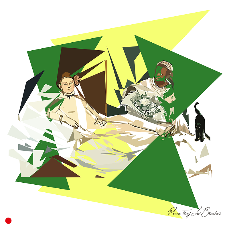 Réinterprétation d’Olympia d’Édouard Manet, deux femmes autour d’un lit fragmentées en aplats géométriques verts, jaunes, blancs, bruns et noirs avec un chat noir à droite, œuvre de Pierre Tomy Le Boucher.