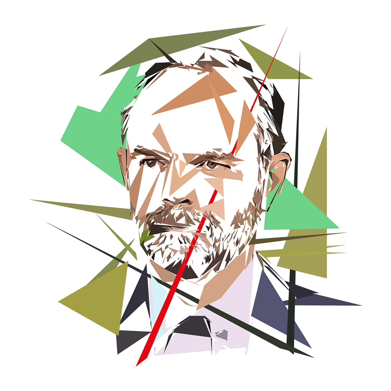 Portrait numérique d’Édouard Philippe composé de formes polygonales beige, brunes, vertes, noires et blanches, traversé par une grande ligne rouge diagonale.