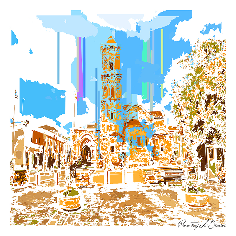 Église Saint-Lazare de Larnaca transformée en composition graphique ocre, blanche et bleue, traversée de verticales colorées, œuvre de la série Architexture.