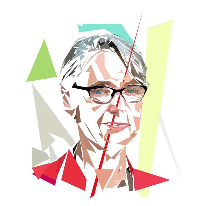 Portrait numérique d’Élisabeth Borne composé de formes polygonales beige, rouges, vertes, grises et blanches, avec lunettes noires et ligne rouge traversant le visage.