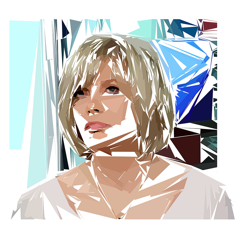 Portrait numérique d’Élisabeth Guigou composé de formes polygonales, d’aplats beige, bruns, turquoise, bleus et blancs.