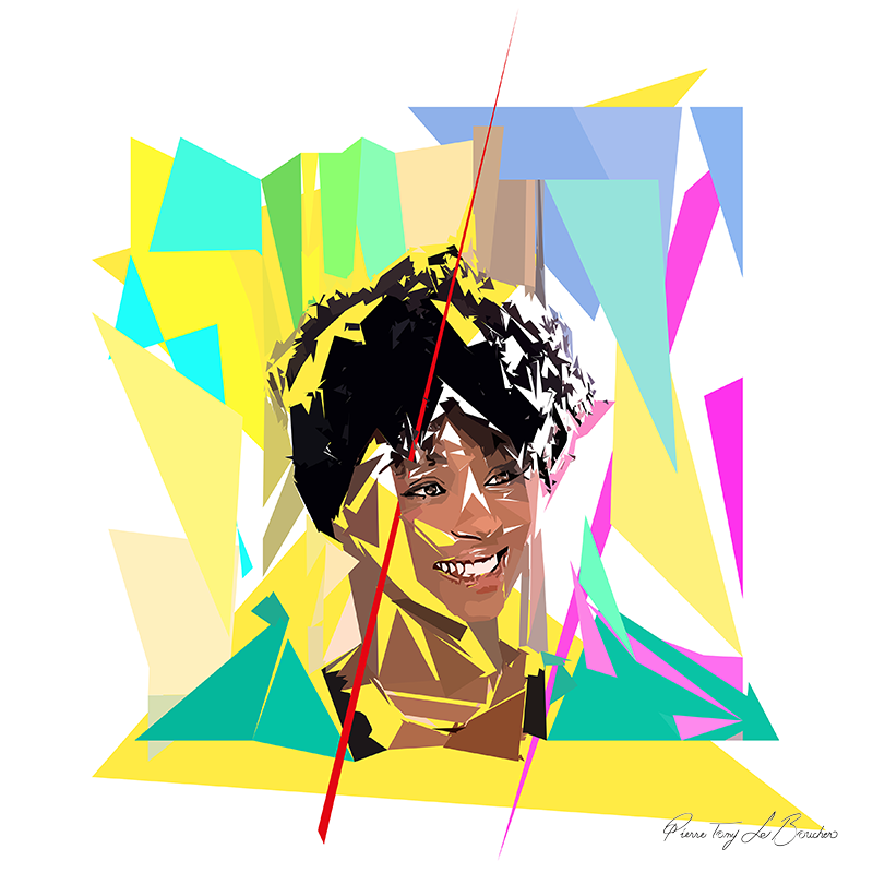 Portrait d’Emma Adiei construit en facettes colorées sur fond blanc, entouré de formes géométriques jaunes, turquoise, vertes, roses et bleues.