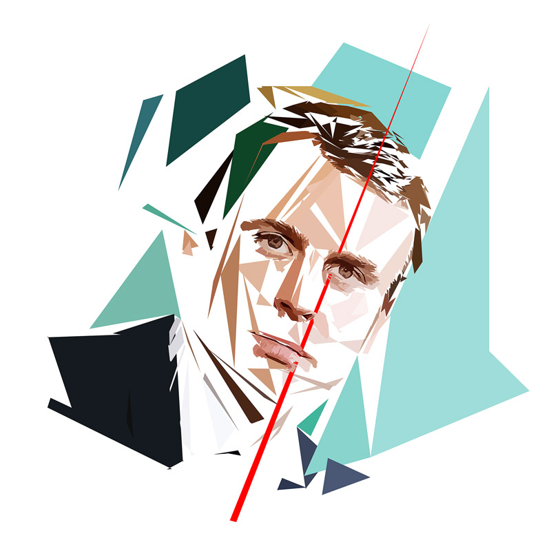 Portrait numérique d’Emmanuel Macron composé de formes polygonales, d’aplats beige, turquoise, verts, noirs et blancs, traversé par une grande ligne rouge.