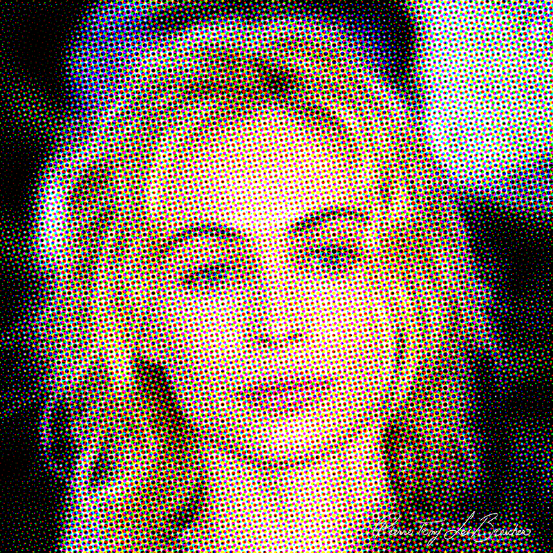 Portrait d’Emmanuelle Béart traité par dilution optique, composé d’une trame très visible de points cyan, magenta, jaunes et noirs.