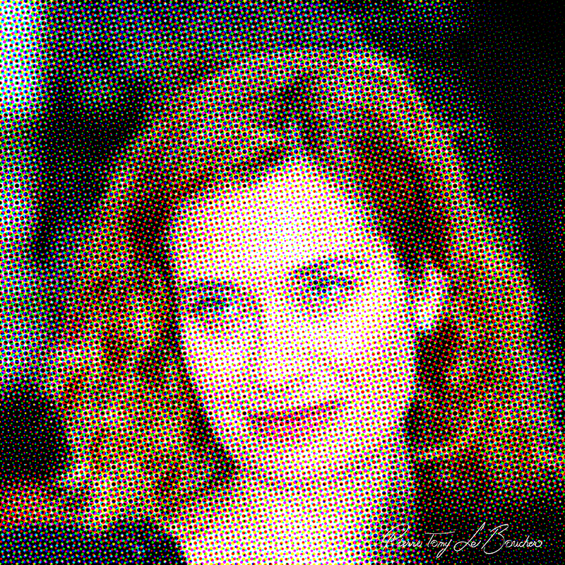 Portrait d’Emmanuelle Devos traité par dilution optique, composé d’une trame très visible de points cyan, magenta, jaunes et noirs.