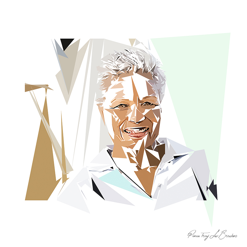 Portrait d’Énarété, femme aux cheveux blancs souriant, composée de formes polygonales blanches, beiges, grises et vert très pâle.