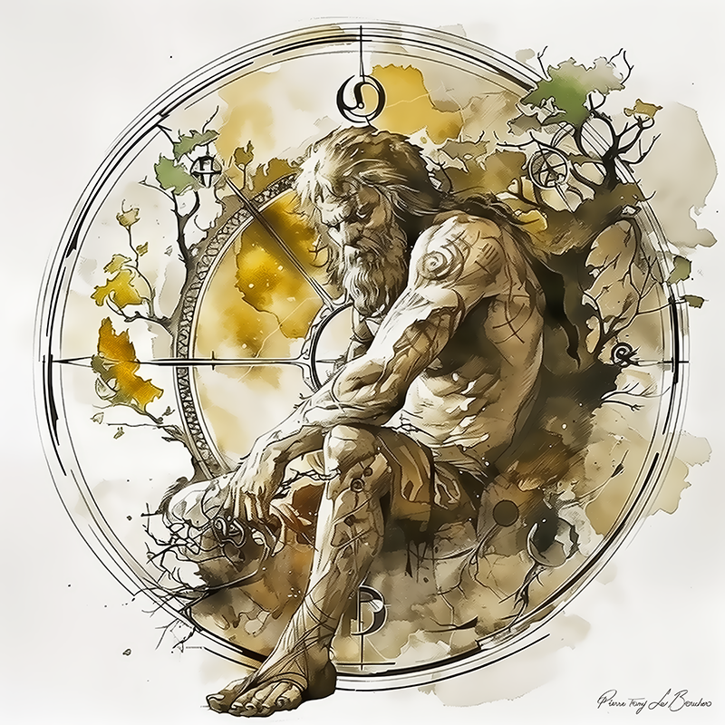 Peinture sur toile représentant une divinité grecque personnifiée, figure masculine assise inscrite dans un cercle symbolique, évocation du temps cyclique et de l’ordre cosmique en art contemporain.