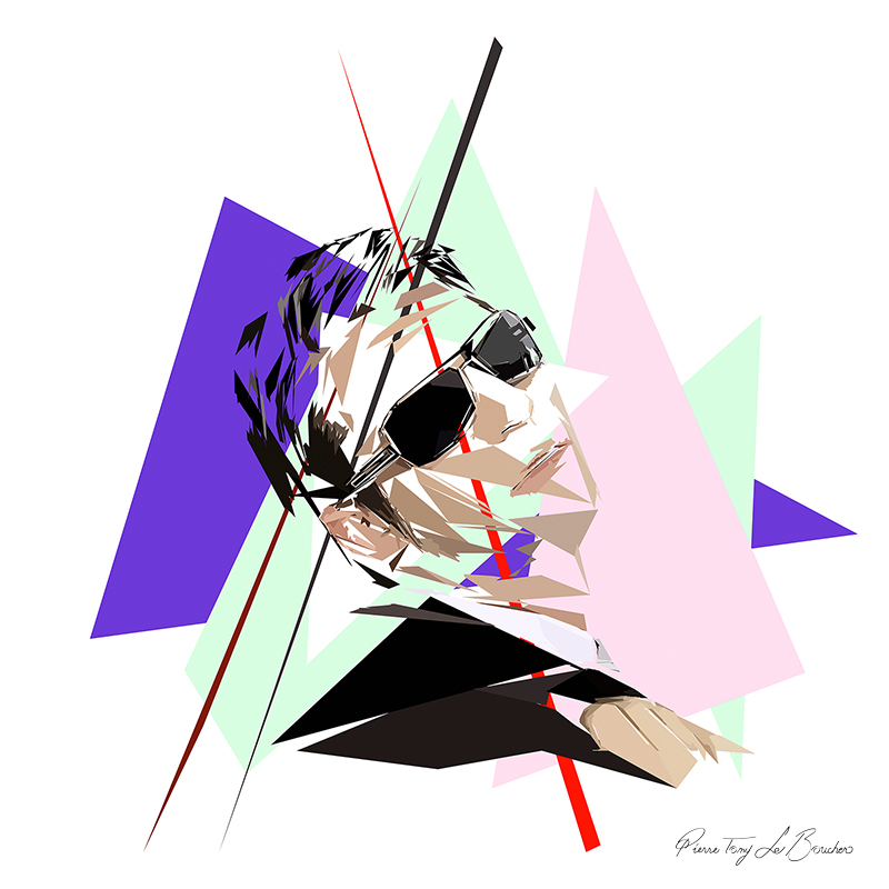 Portrait d’Épiméthée portant des lunettes noires, composé de formes polygonales violettes, roses, vert pâle, noires et beiges.