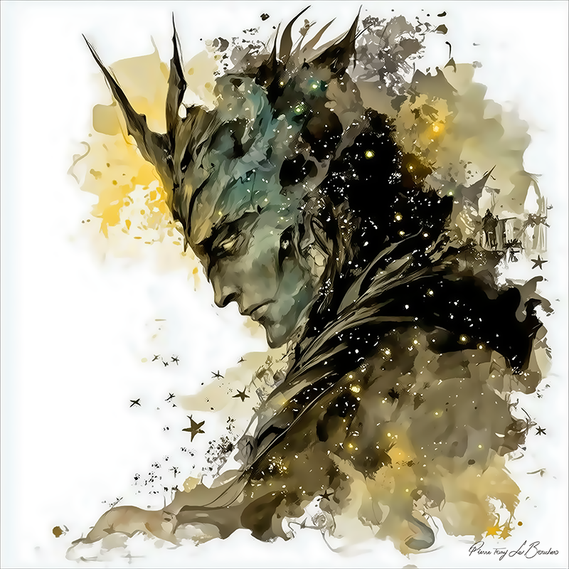 Peinture sur toile d’une divinité grecque personnifiée, figure mythologique sombre associée au cosmos et à la nuit, représentation contemporaine inspirée de la mythologie grecque.
