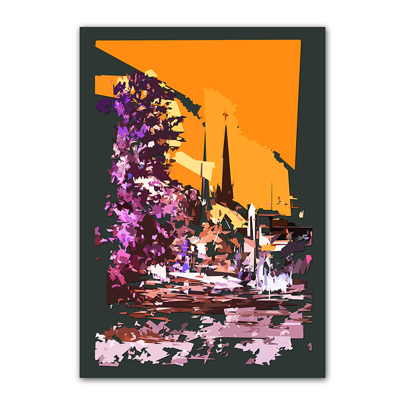 Vue d’une église depuis une rue sous un ciel orangé, recomposée en fragments violets, roses, bruns, noirs et blancs, œuvre Comma de Pierre Tomy Le Boucher.
