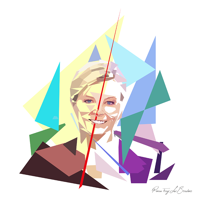 Portrait d’Estelle Colin construit en facettes colorées sur fond blanc, entouré de formes géométriques jaunes, turquoise, vertes, bleues, violettes et brunes.