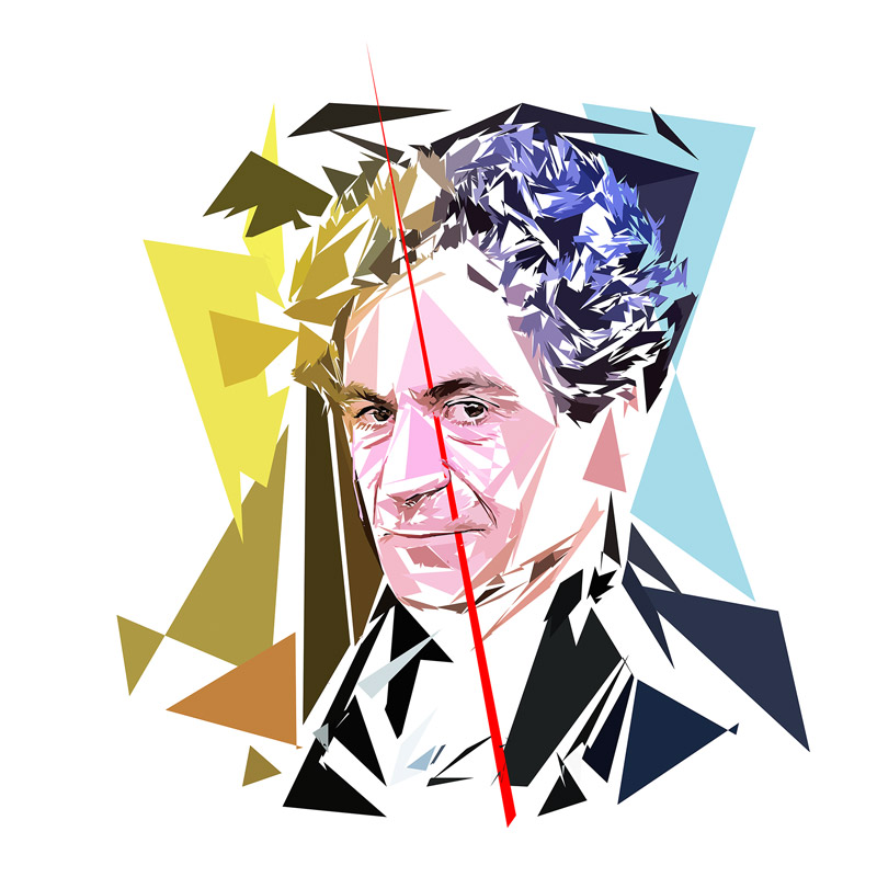 Portrait d’Étienne Klein composé de polygones, d’aplats colorés et de lignes droites, œuvre de Pierre Tomy Le Boucher.