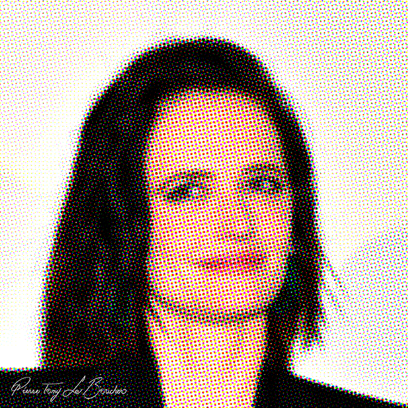 Portrait d’Eva Green traité par dilution optique, composé d’une trame très visible de points cyan, magenta, jaunes et noirs.