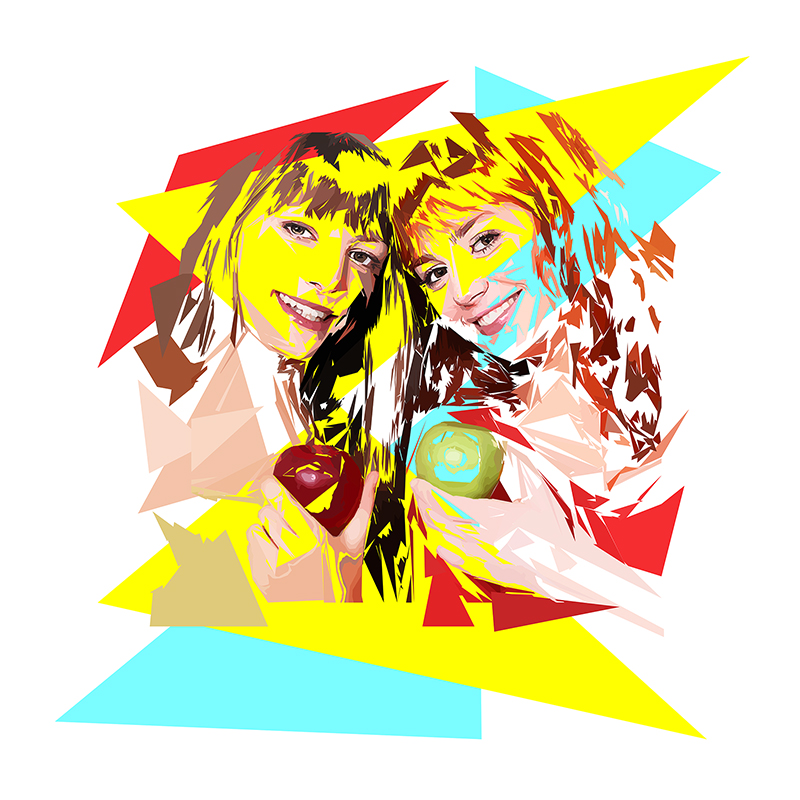 Deux femmes souriantes, les têtes rapprochées, tiennent un fruit rouge et un fruit vert dans une composition de formes triangulaires jaunes, rouges et turquoise sur fond blanc.