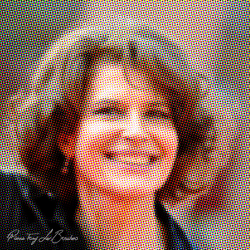 Portrait de Fanny Ardant traité par dilution optique, composé d’une trame très visible de points cyan, magenta, jaunes et noirs.