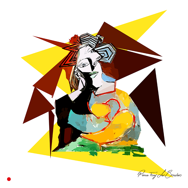 Réinterprétation de Femme assise accoudée de Pablo Picasso, portrait de Marie-Thérèse Walter fragmenté en aplats géométriques jaunes, bruns, noirs, turquoise et verts, œuvre de Pierre Tomy Le Boucher.