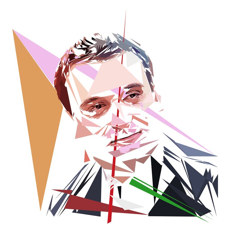 Portrait numérique de Florian Philippot composé de formes polygonales, d’aplats roses, orangés, noirs, gris et blancs, traversé par plusieurs lignes colorées.