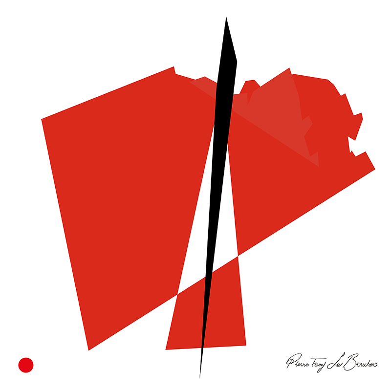 Réinterprétation des Concetto spaziale, Attese de Lucio Fontana, grande composition rouge fragmentée traversée verticalement par une longue forme noire évoquant l’entaille, œuvre de Pierre Tomy Le Boucher.