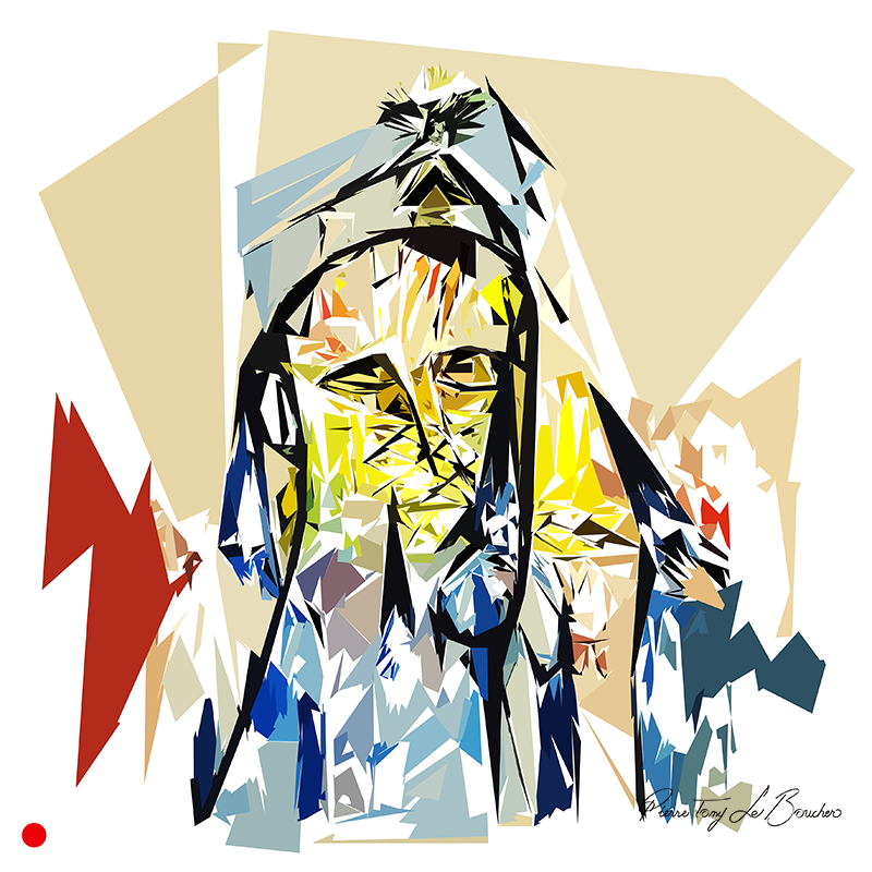 Réinterprétation de Séville de Francis Picabia, figure humaine fragmentée en puissantes droites, diagonales et pointes jaunes, noires, bleues, blanches et rouges, œuvre de Pierre Tomy Le Boucher.