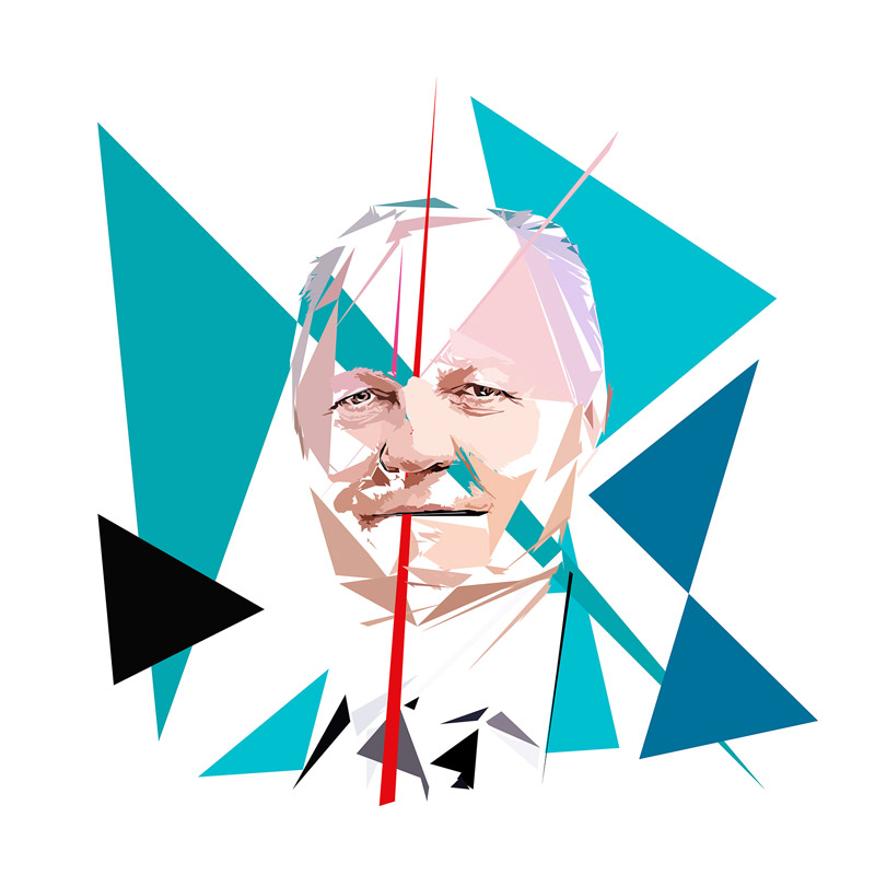 Portrait numérique de François Asselineau composé de formes polygonales, d’aplats turquoise, bleus, noirs, beige et blancs, traversé par une longue ligne rouge.
