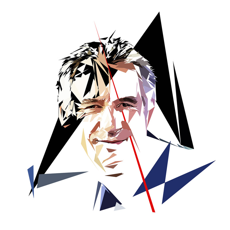 Portrait numérique de François Bayrou composé de formes polygonales, d’aplats noirs, bleu nuit, beige et blancs, traversé par une longue ligne rouge.