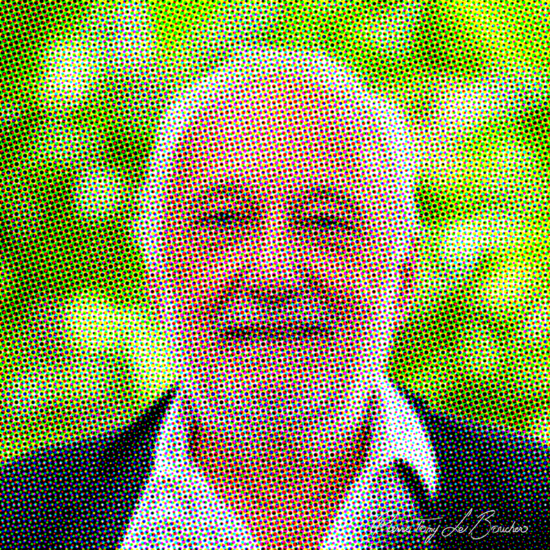 Portrait de François Berléand traité par dilution optique, composé d’une trame très visible de points cyan, magenta, jaunes et noirs.